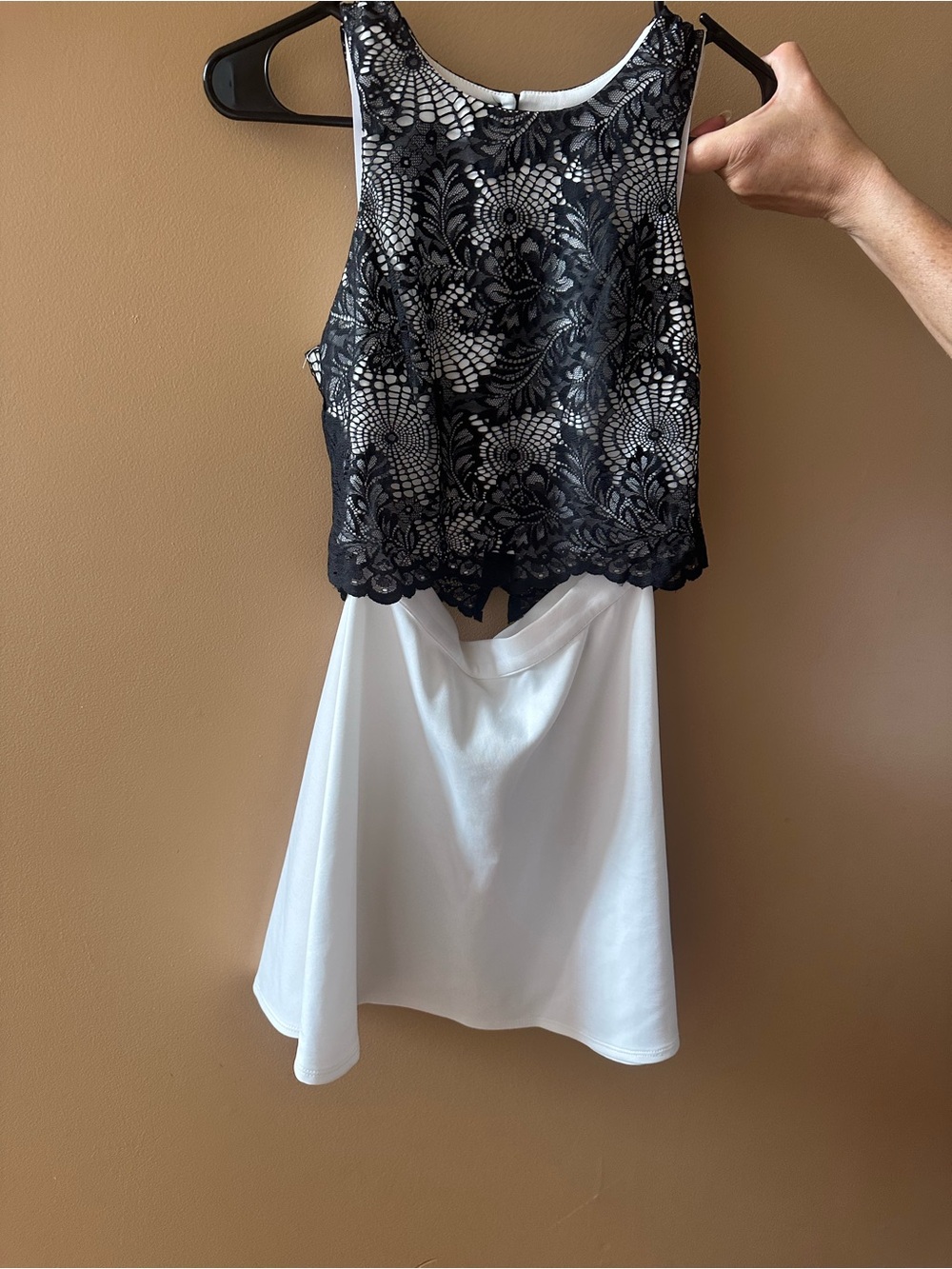 Black Lace Overlay White Skater Dress